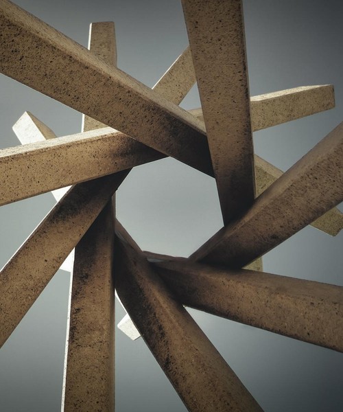 Artistic interpretation of wooden beams intersecting against a gray sky backdrop, showcasing modern design.